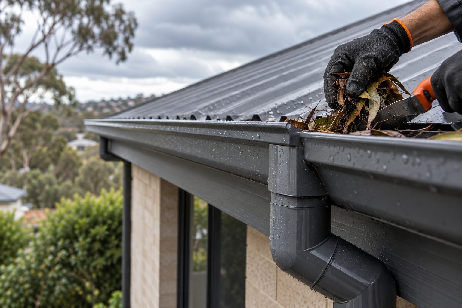 Close view of a roof gutter and downpipe connection